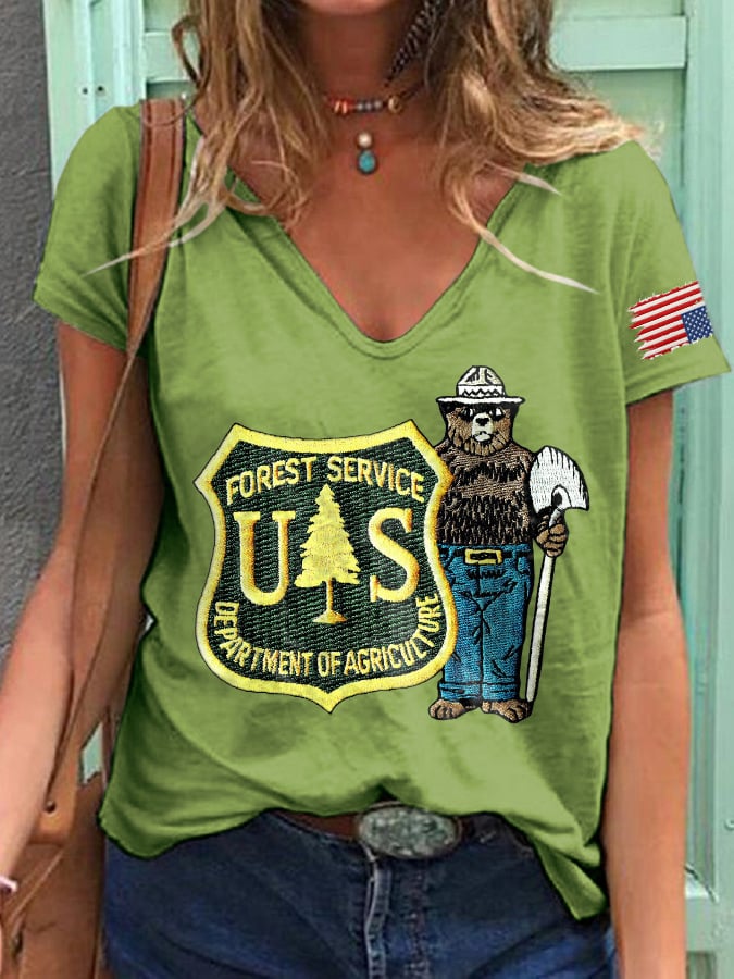 🔥Buy 3 Get 15% Off🔥V-Neck Retro Save The Forest Service Print T-Shirt