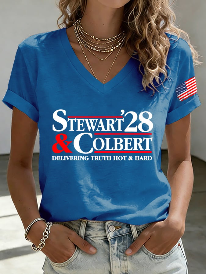 V-Neck Retro Stewart Colbert 2028 Delivering Truth Hot & Hard Print T-Shirt