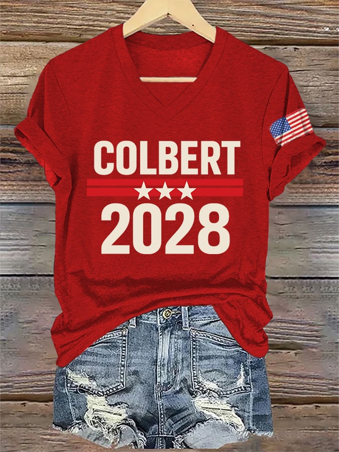 V-Neck Retro Colbert 2028 Print T-Shirt