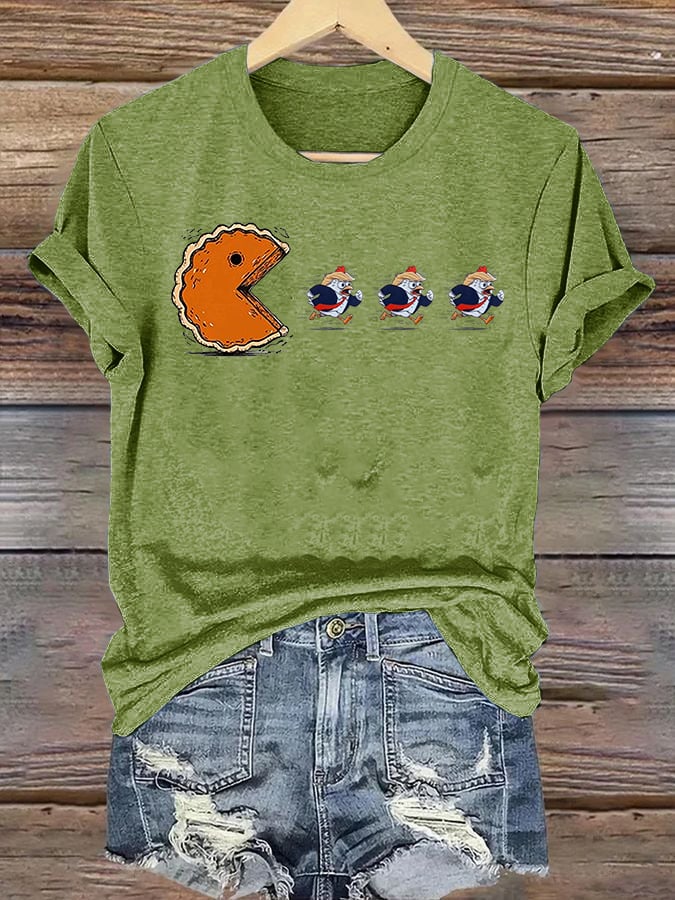 Women's Funny Turkey Chasing Pie Sublimation FDT Thanksgiving T-Shirt