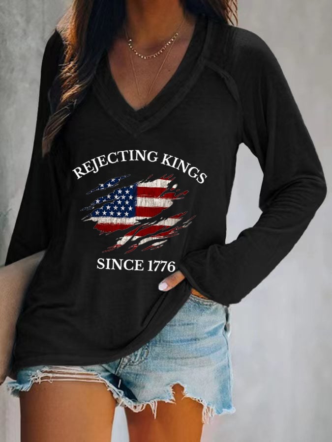 ๐ฅBuy 3 Get 15% Off๐ฅWomen's โRejecting Kings Since 1776โ Printed V-Neck Casual T-Shirt