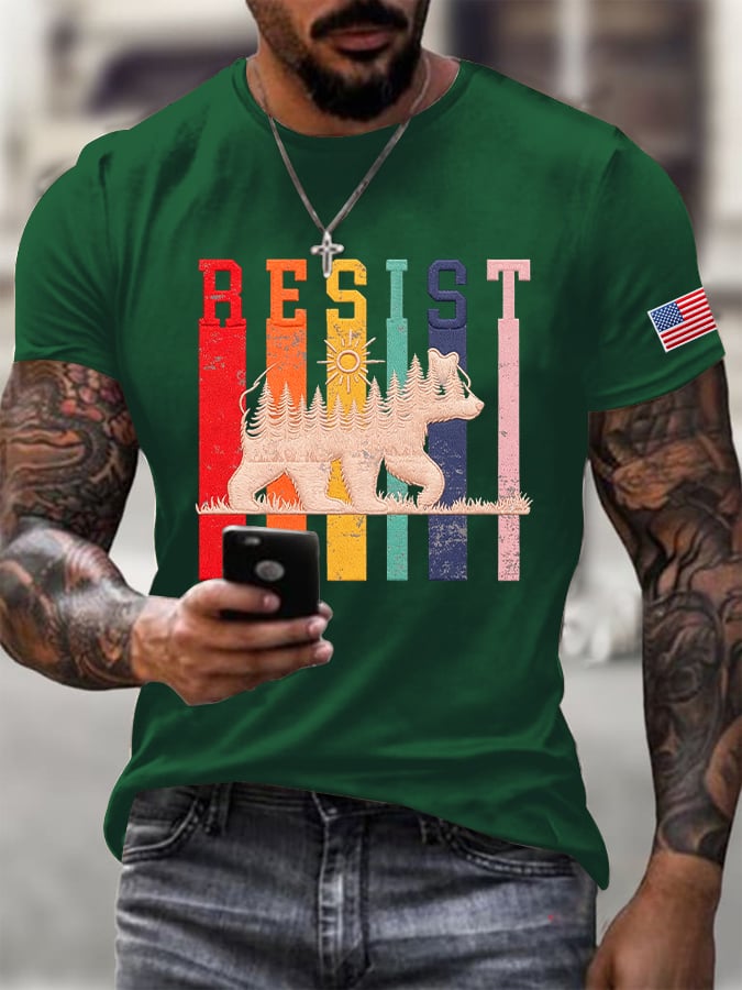 Men's Resist Bear Print Round Neck T-shirt