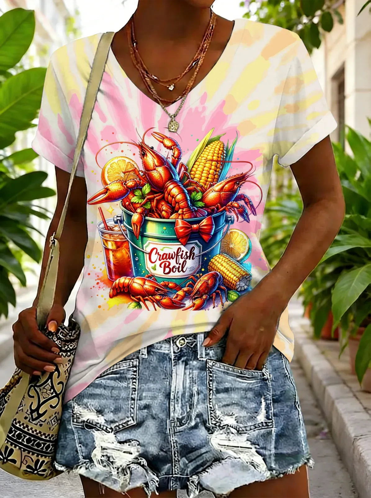 Women's Crawfish Festival Print V Neck T-shirt