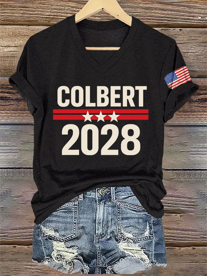 V-Neck Retro Colbert 2028 Print T-Shirt