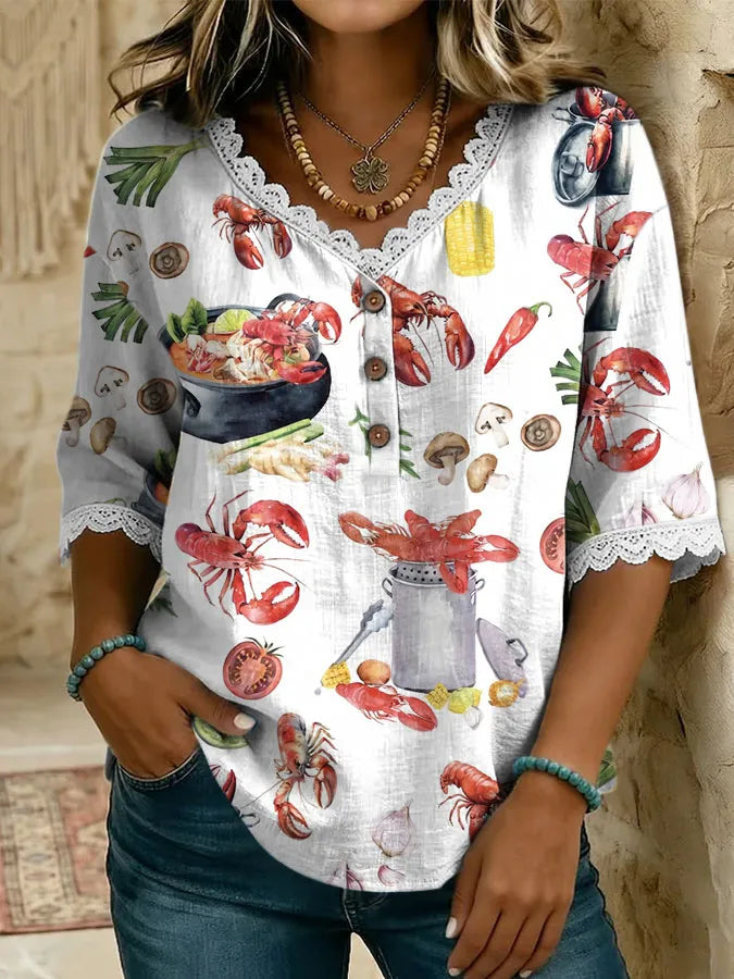 Women's Retro Crawfish Festival Lace-Paneled Shirt
