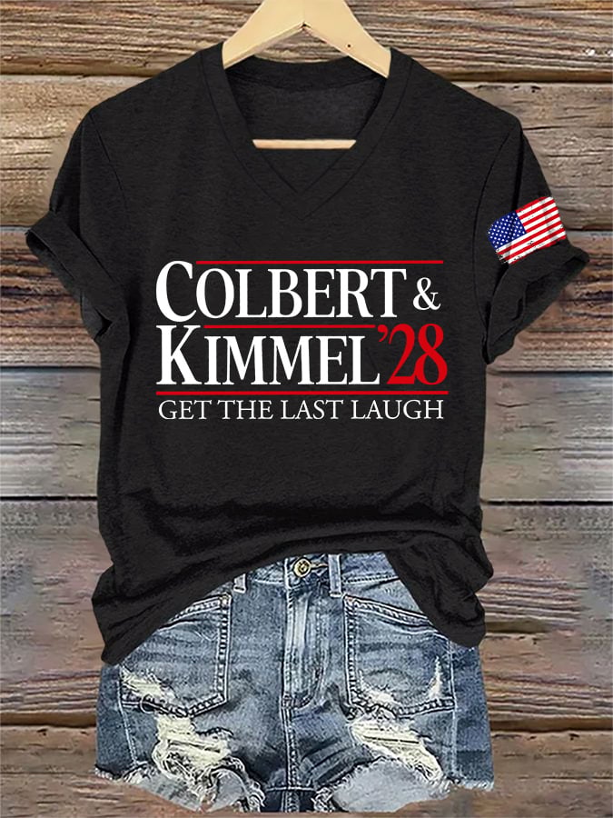 V-Neck Retro Colbert Kimmel 2028 Get The Last Laugh Print T-Shirt