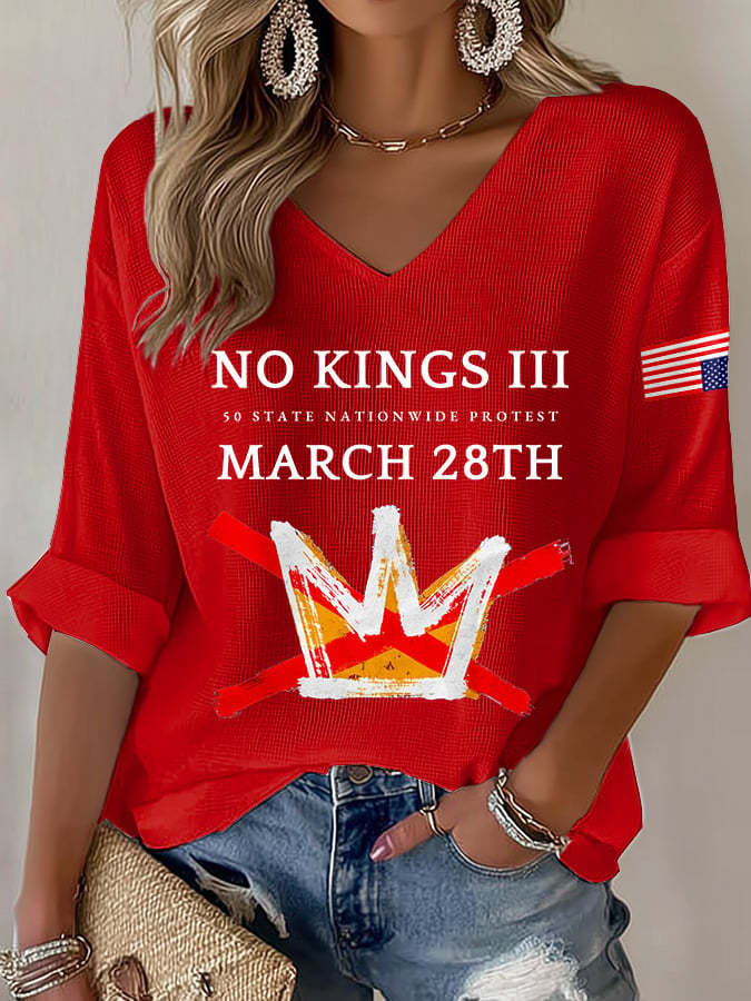🔥Buy 3 Get 15% Off V-Neck Retro No Kings III 50 State Nationwide Protest March 28th Print T-Shirt
