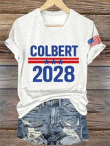 V-Neck Retro Colbert 2028 Print T-Shirt