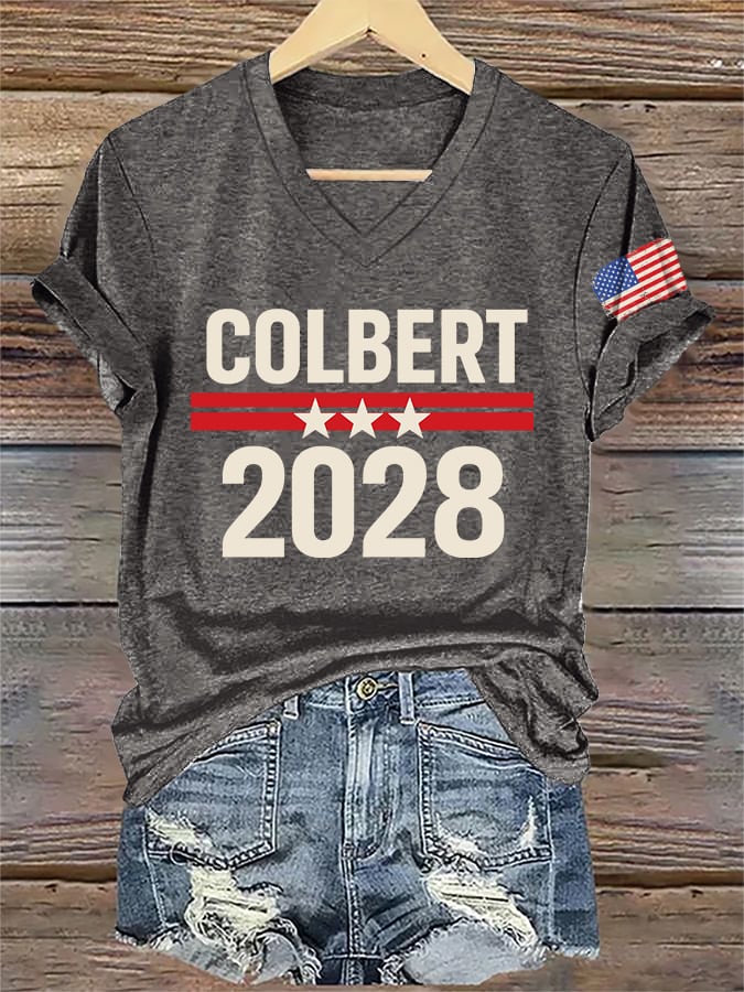 V-Neck Retro Colbert 2028 Print T-Shirt
