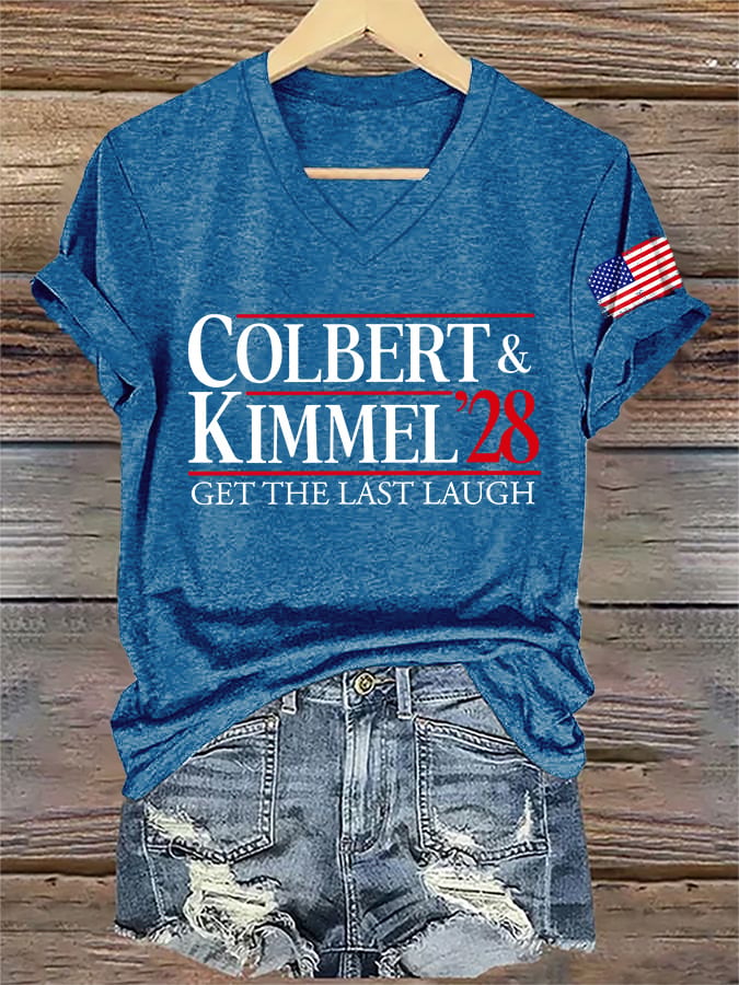 V-Neck Retro Colbert Kimmel 2028 Get The Last Laugh Print T-Shirt