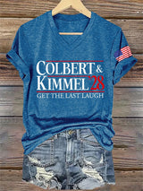 V-Neck Retro Colbert Kimmel 2028 Get The Last Laugh Print T-Shirt