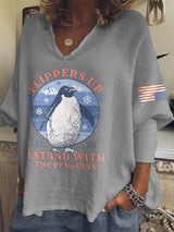 🔥Buy 3 Get 15% Off🔥V-neck Retro Flippers Up I Stand With The Penguins Resist Tariffs Print T-shirt