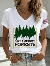 V-Neck Retro Save America's Forests Print T-Shirt