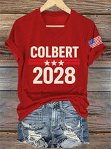 V-Neck Retro Colbert 2028 Print T-Shirt
