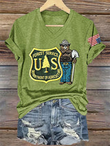 V-Neck Retro Save The Forest Service Print T-Shirt