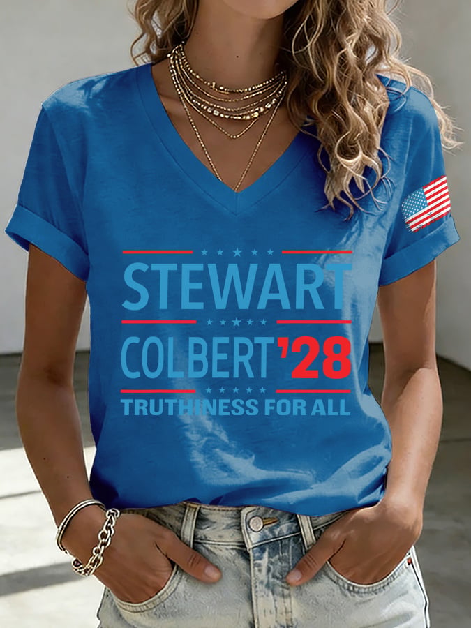 V-Neck Retro Stewart Colbert 2028 Truthiness For All Print T-Shirt