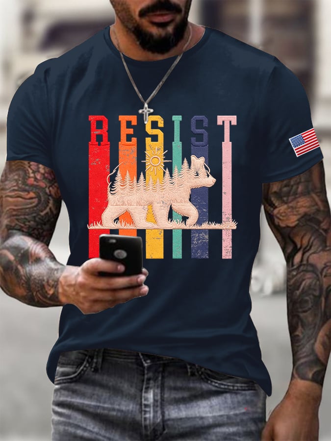 Men's Resist Bear Print Round Neck T-shirt