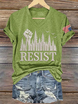 V-Neck Retro Resist Save The Forest Service Print T-Shirt