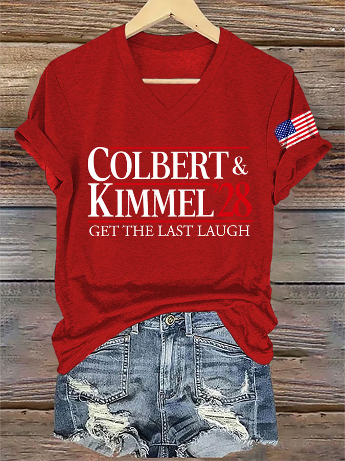 V-Neck Retro Colbert Kimmel 2028 Get The Last Laugh Print T-Shirt