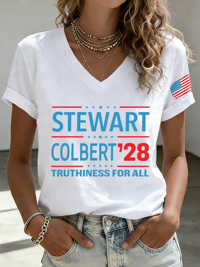 V-Neck Retro Stewart Colbert 2028 Truthiness For All Print T-Shirt