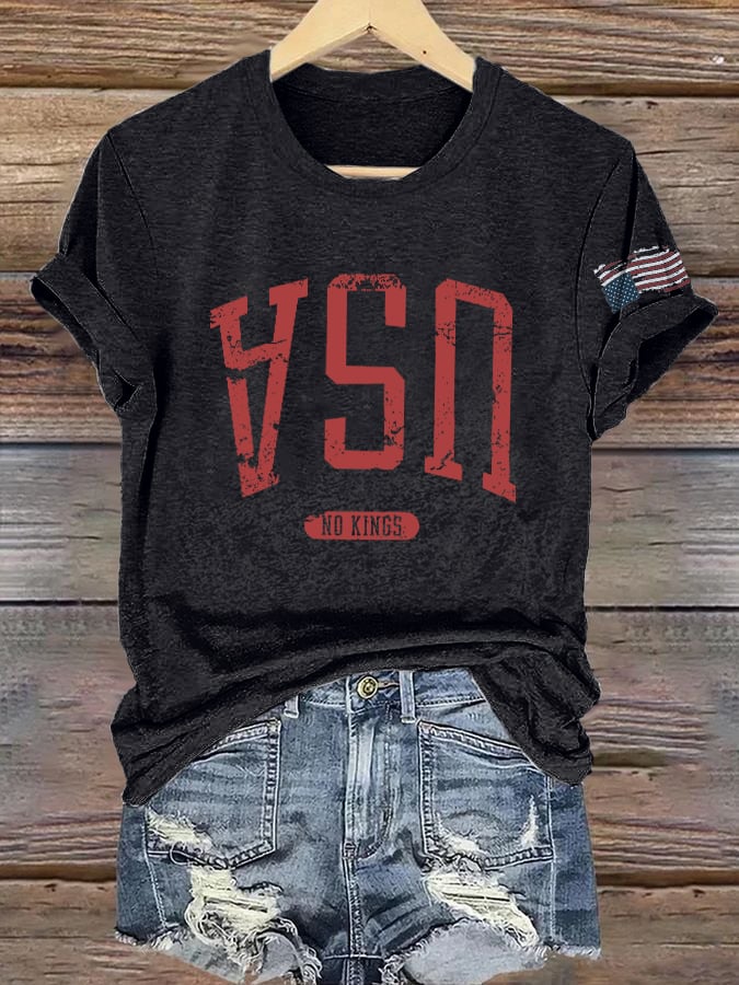 🔥Buy 3 Get 15% Off🔥Retro Upside Down USA & Flag No Kings Print T-Shirt