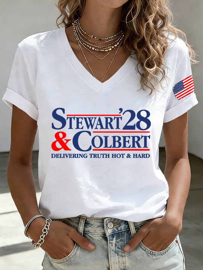 V-Neck Retro Stewart Colbert 2028 Delivering Truth Hot & Hard Print T-Shirt