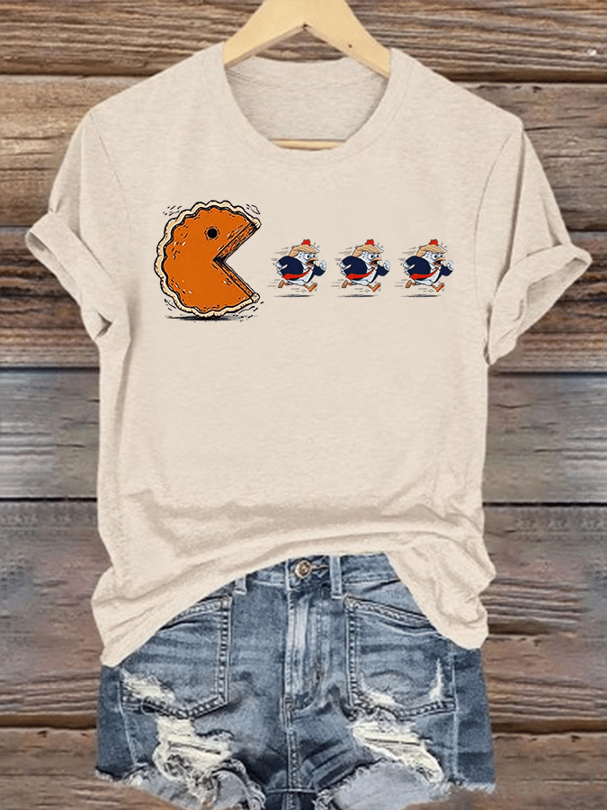 Women's  Funny Turkey Chasing Pie Sublimation FDT Thanksgiving  T-Shirt