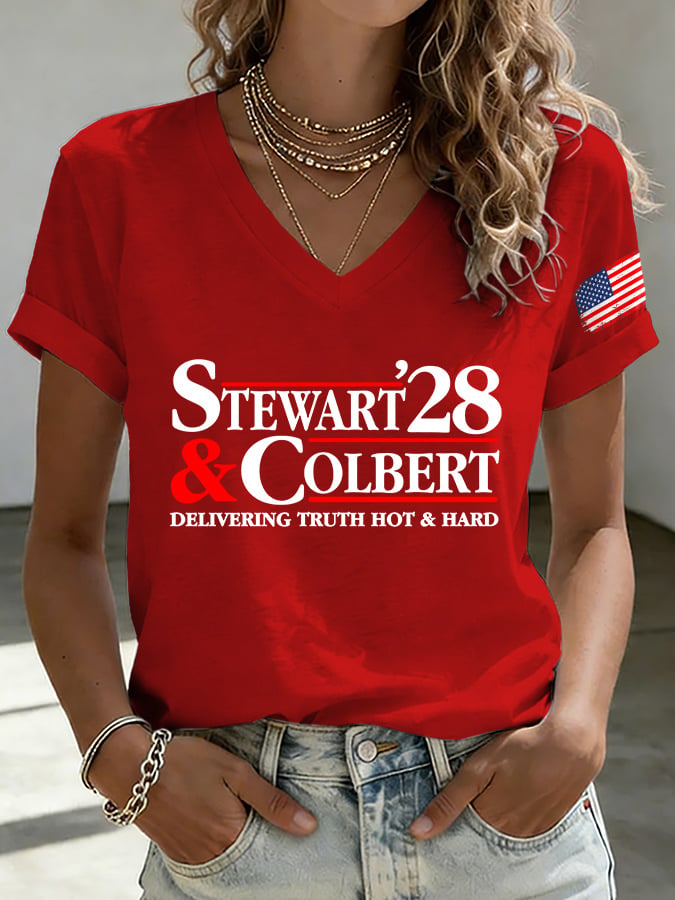V-Neck Retro Stewart Colbert 2028 Delivering Truth Hot & Hard Print T-Shirt