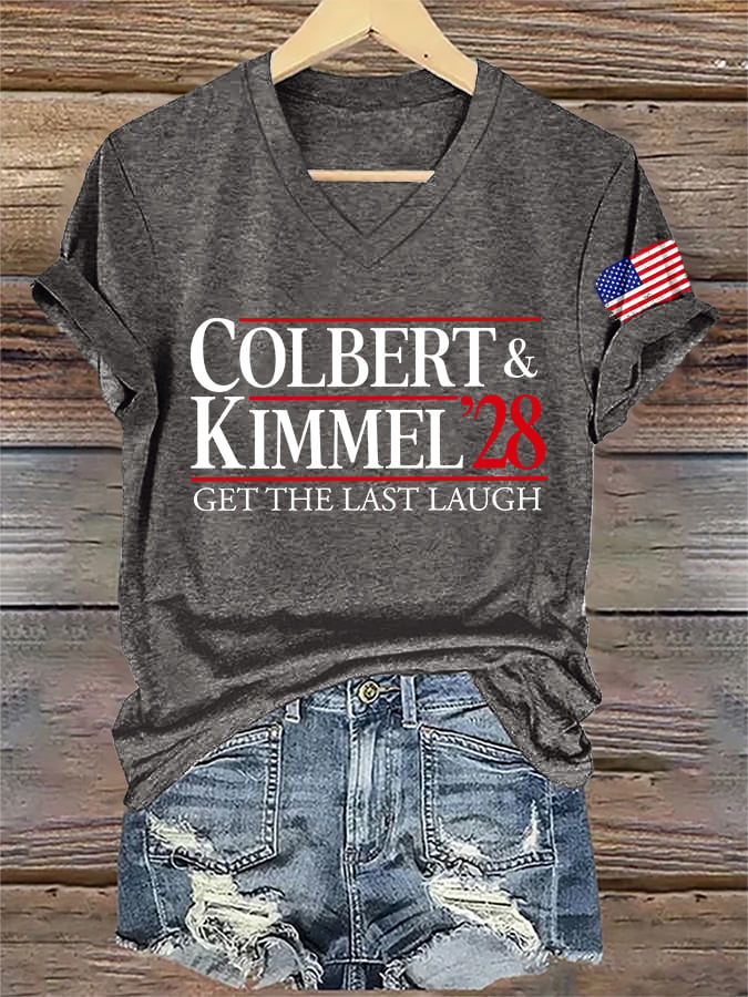 V-Neck Retro Colbert Kimmel 2028 Get The Last Laugh Print T-Shirt