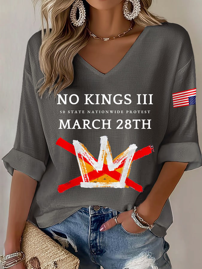 🔥Buy 3 Get 15% Off V-Neck Retro No Kings III 50 State Nationwide Protest March 28th Print T-Shirt