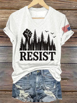 V-Neck Retro Resist Save The Forest Service Print T-Shirt