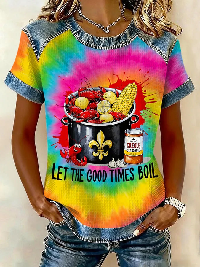 Women's Retro Crawfish Watercolor Print T-Shirt