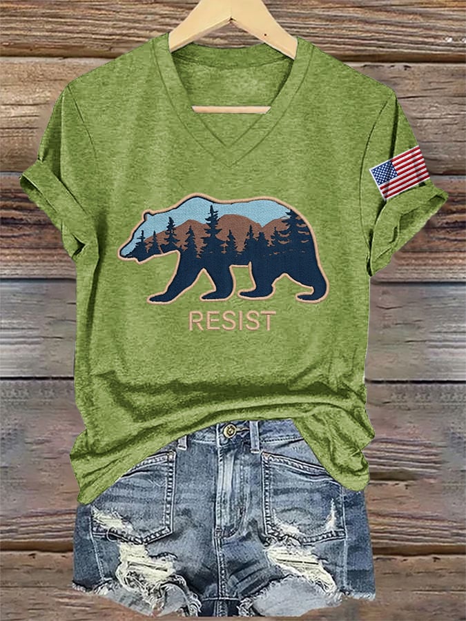 Women's V-Neck Retro Resist Save The Forest Service Print T-Shirt