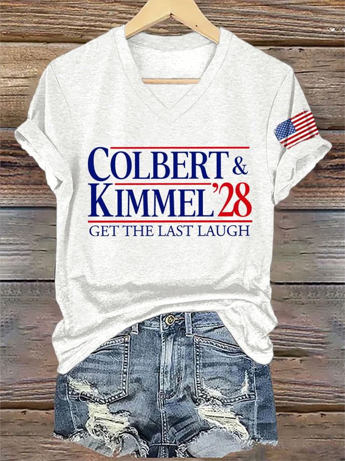 V-Neck Retro Colbert Kimmel 2028 Get The Last Laugh Print T-Shirt