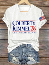 V-Neck Retro Colbert Kimmel 2028 Get The Last Laugh Print T-Shirt