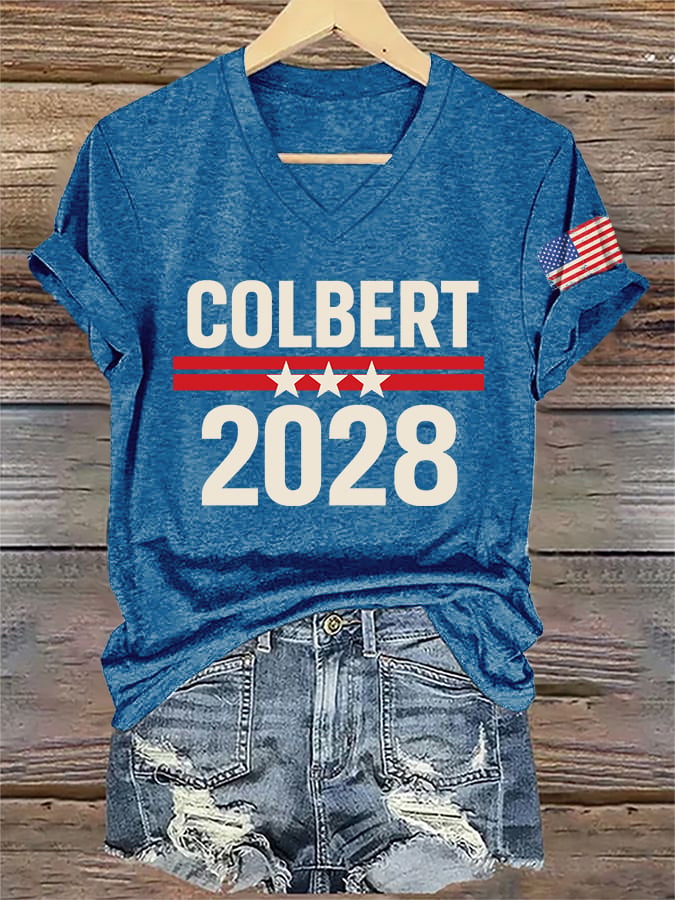 V-Neck Retro Colbert 2028 Print T-Shirt