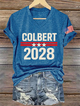 V-Neck Retro Colbert 2028 Print T-Shirt