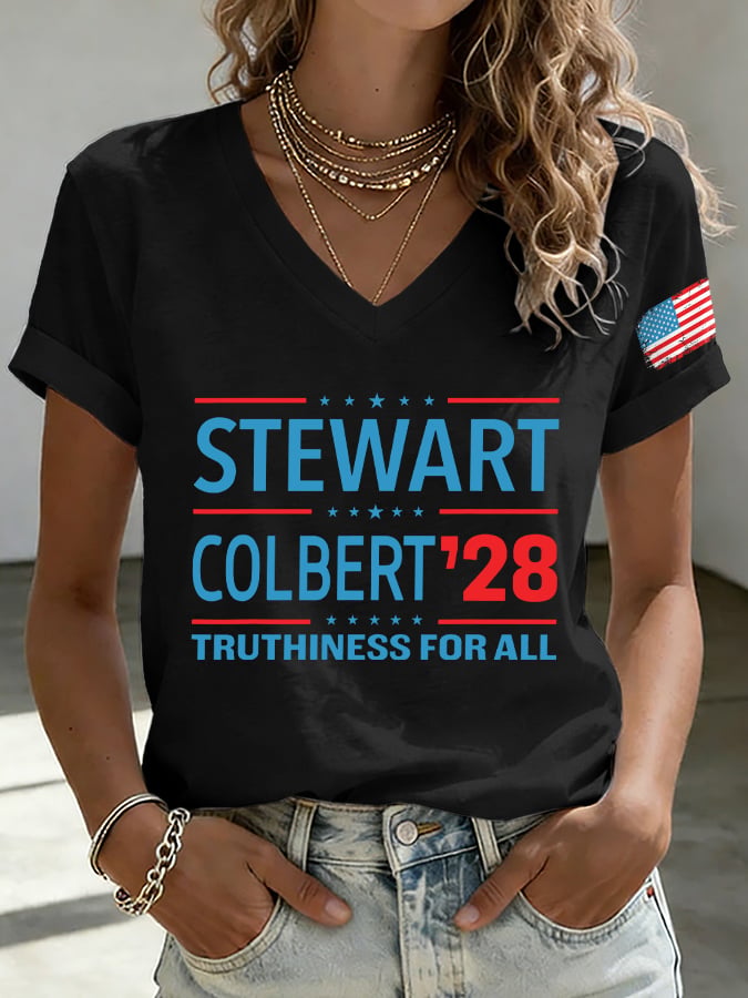 V-Neck Retro Stewart Colbert 2028 Truthiness For All Print T-Shirt