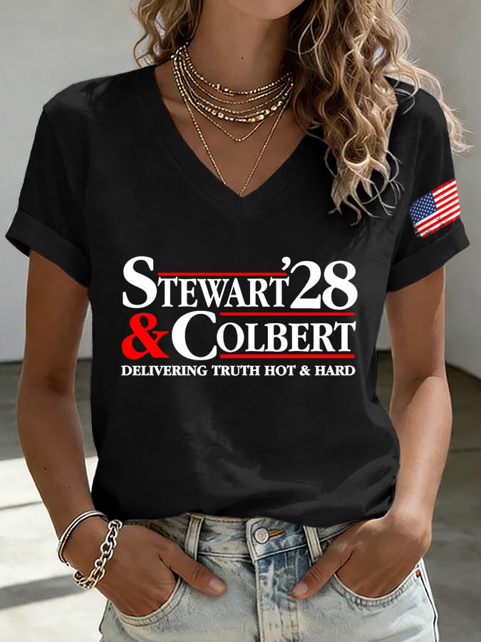 V-Neck Retro Stewart Colbert 2028 Delivering Truth Hot & Hard Print T-Shirt