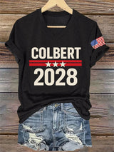 V-Neck Retro Colbert 2028 Print T-Shirt