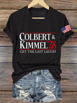 V-Neck Retro Colbert Kimmel 2028 Get The Last Laugh Print T-Shirt