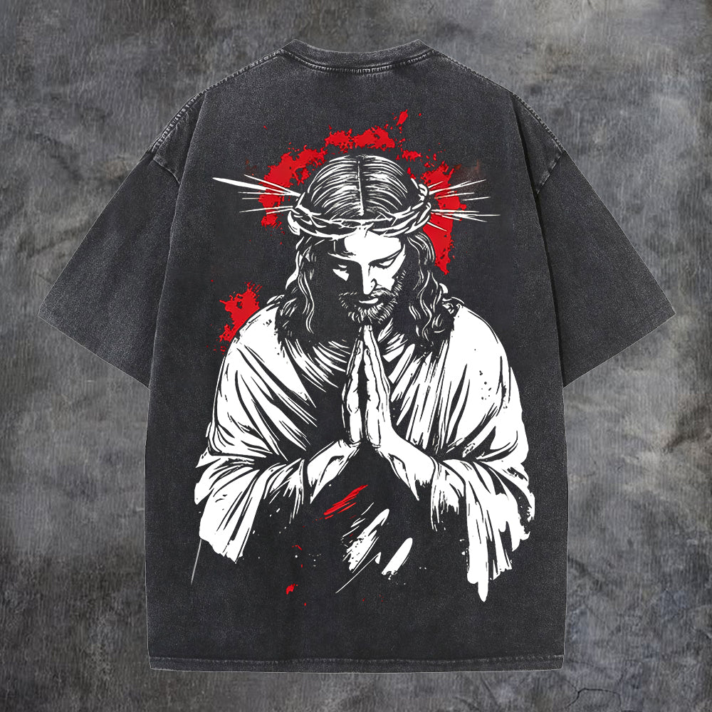 Praying Jesus With Crown Of Thorns Printed Men's Washed Tee